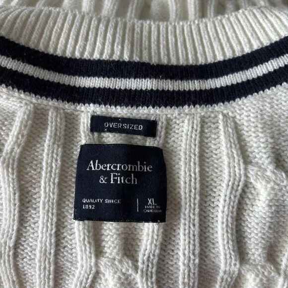 ABERCROMBIE & FITCH Cable knit Oversized Varsity Prep Sweater Women’s XL Tennis - Picture 2 of 13